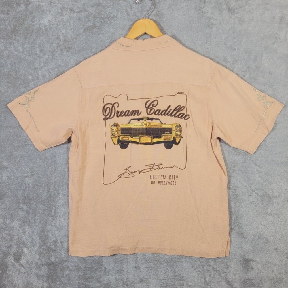 Vtg BC Ethic x George Barris Dream Cadillac Silk Woven Shirt Peach Mens Small
